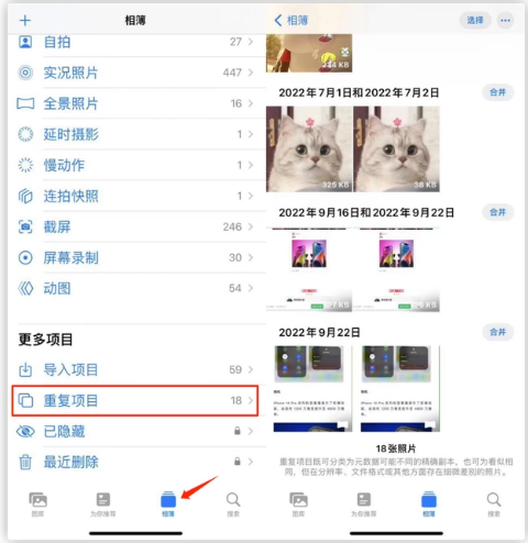 牙克石苹果手机维修分享iOS 16 中相册重复项目功能使用方法 