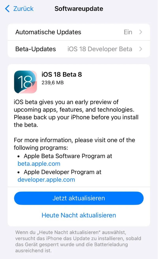 牙克石苹果手机维修分享苹果 iOS / iPadOS 18 开发者预览版 Beta 8 发布 